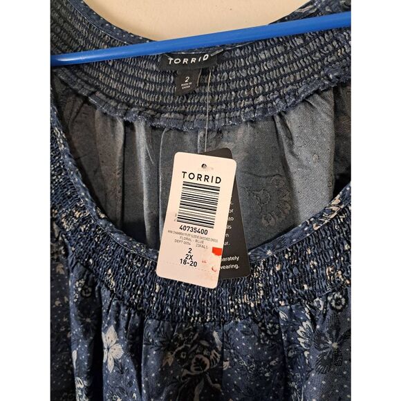 Torrid womens 2xl blue denim shift dress tiered boho pockets puff sleeve - Picture 4 of 8